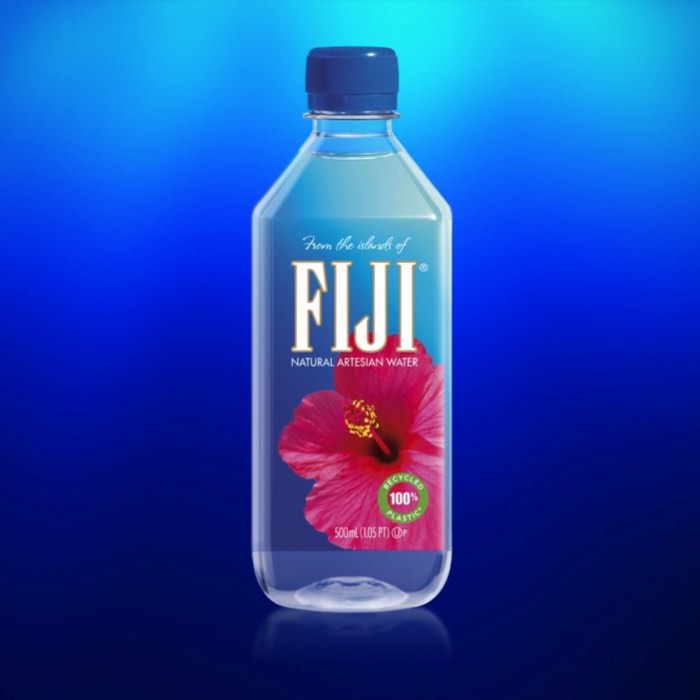 FIJI water bottle with a pink flower design on a blue gradient background.
