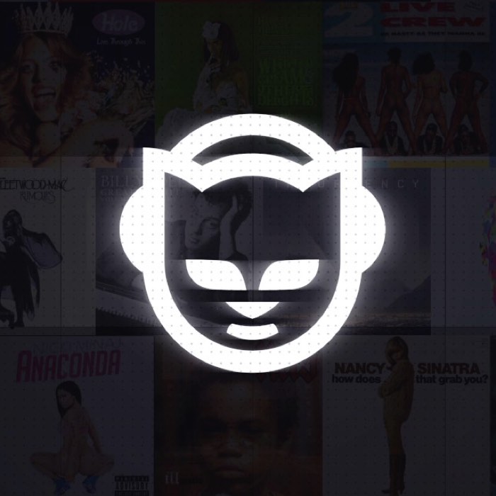 A white logo resembling a cat face with headphones on a dark background featuring blurred album covers.