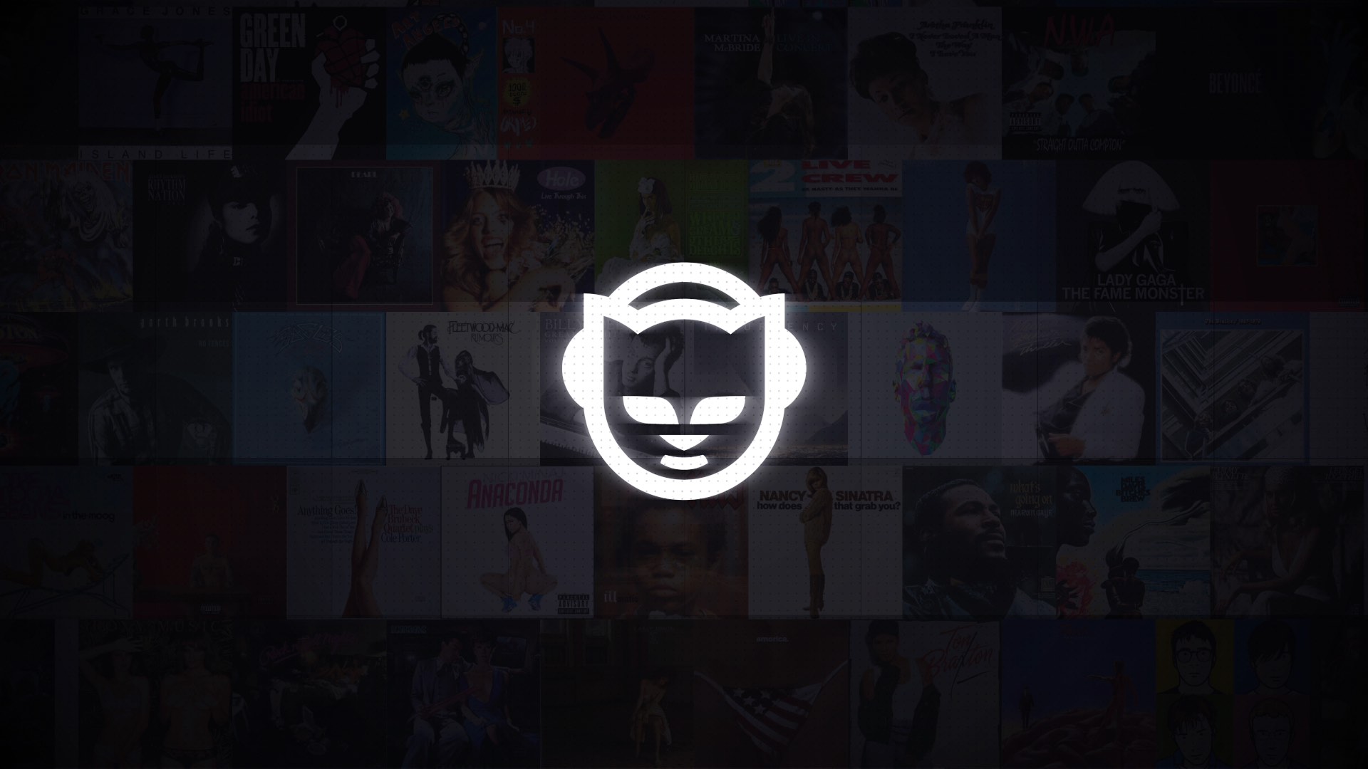 A white Napster logo on a background of various album covers.