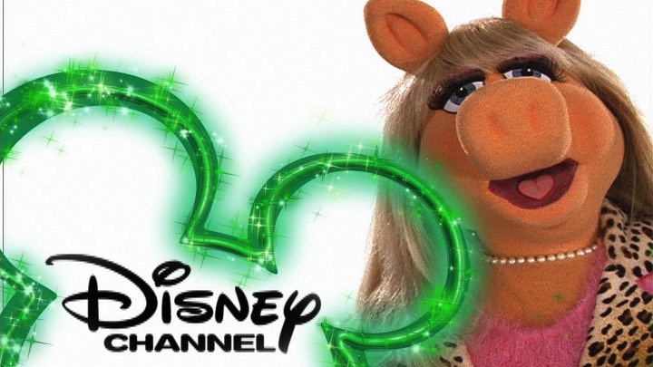 Miss Piggy in a leopard print outfit next to the Disney Channel logo with a green sparkle design.