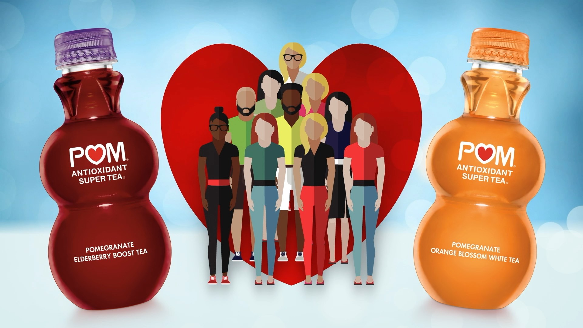 Two bottles of POM Super Tea flank a heart shape with diverse people inside against a blue background.