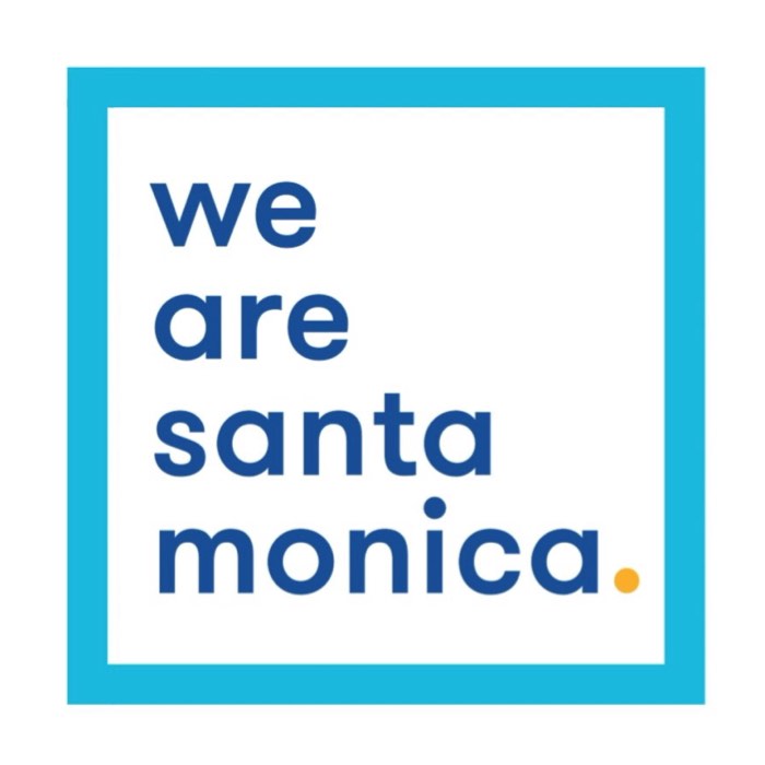 Blue text "we are santa monica." inside a blue square frame with a yellow dot after "monica.