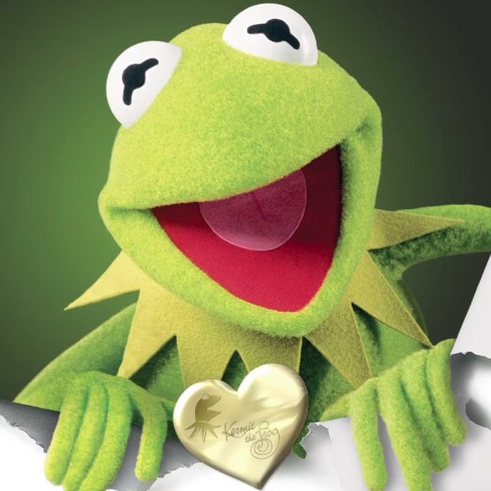 Kermit the Frog smiling with hands on a torn paper edge, next to a heart-shaped object with text and a frog illustration.