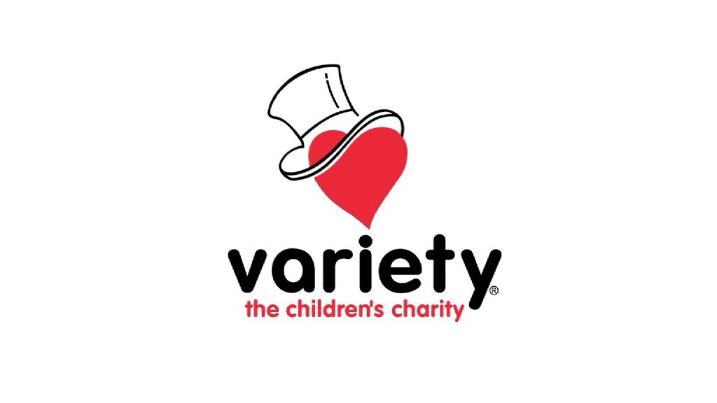 Logo of Variety, the children's charity, with a heart wearing a top hat above stylized text.