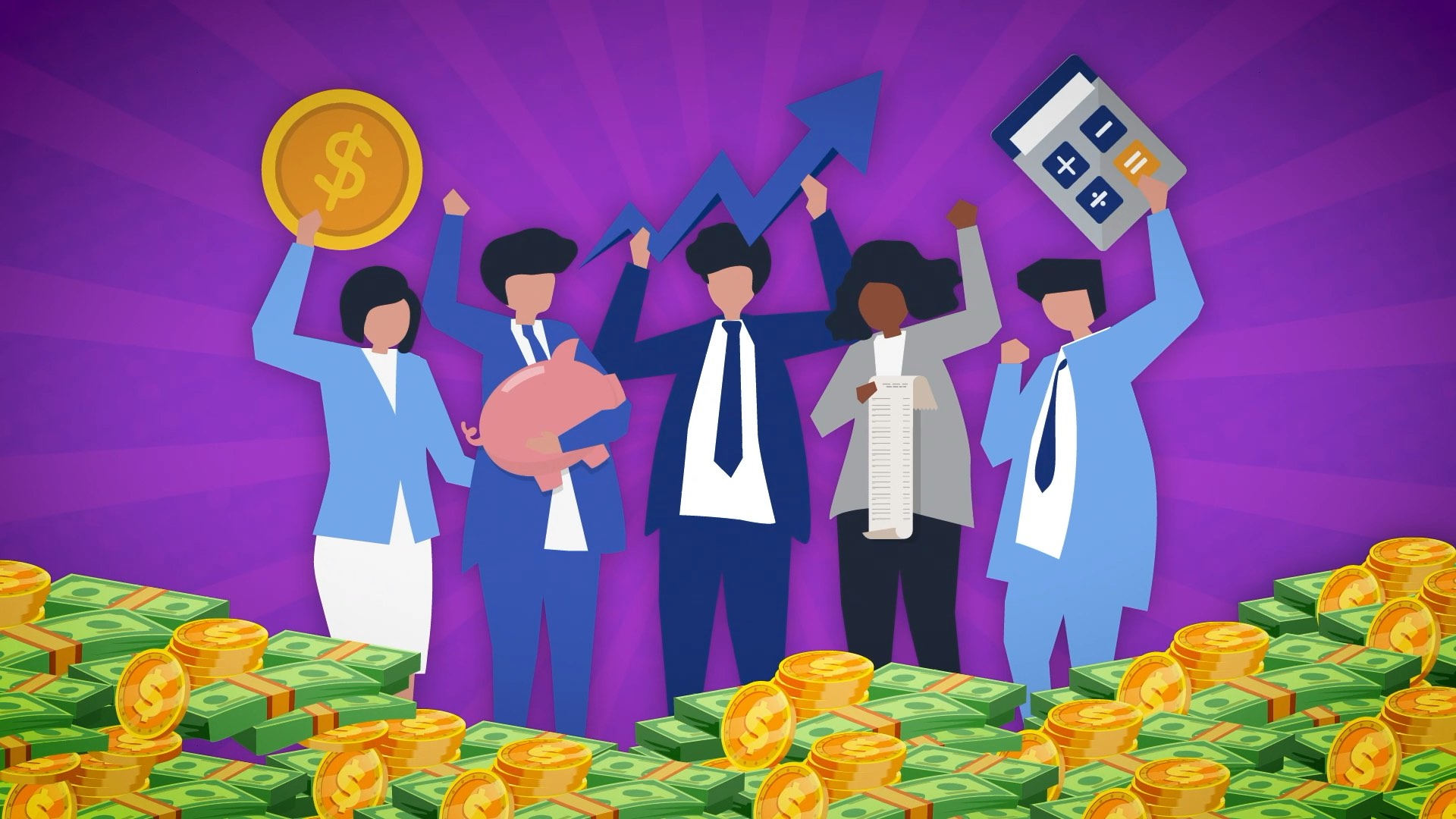 Illustration of diverse businesspeople with money, calculator, and growth arrow, celebrating financial success.