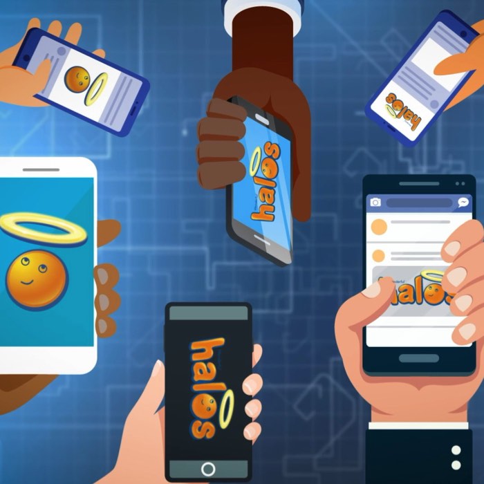 Hands holding smartphones with "halos" app on screens, displaying an orange character with a halo.