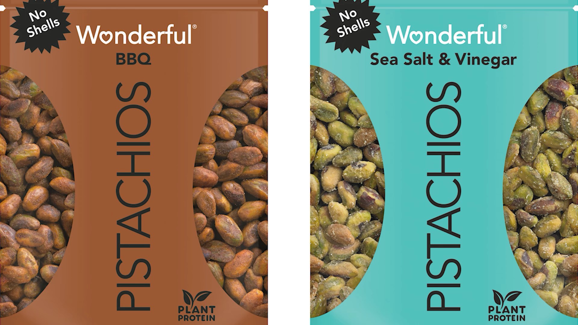 Two bags of shelled pistachios: left is BBQ flavor in a brown bag, right is Sea Salt & Vinegar in a blue bag.