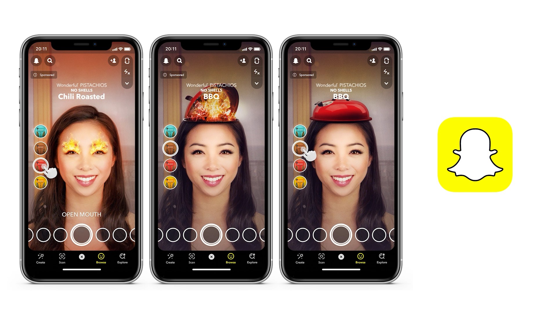 Three phones display a woman using Snapchat filters with playful hats and text overlays; Snapchat logo on the right.